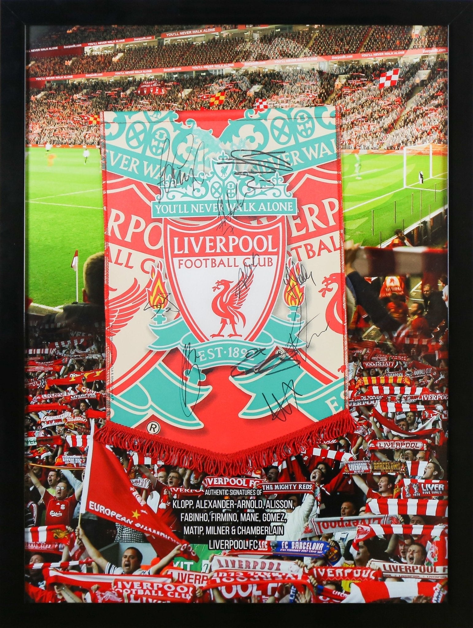 Multi Signed Liverpool Pennant Framed Display - Memorabilia Framers Shop